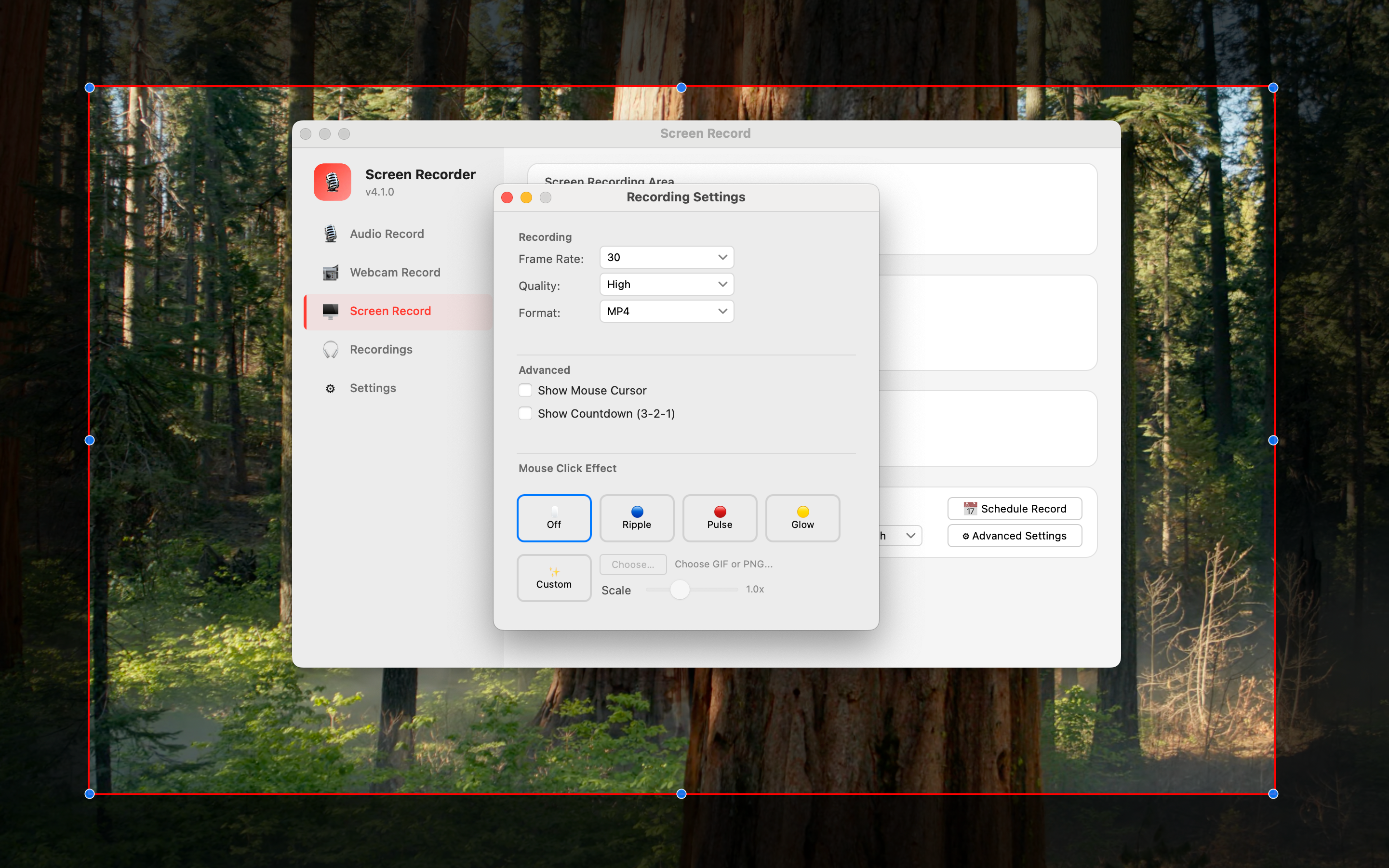 Mouse Click Effect settings — Off, Ripple, Pulse Ring, Glow, Custom presets and Scale slider