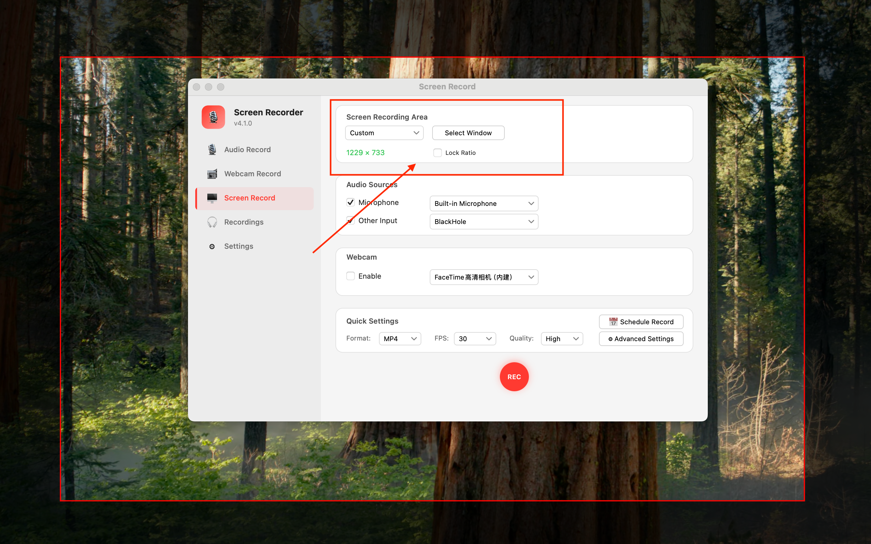 Recording settings panel — Full Screen / Window / Custom Region options