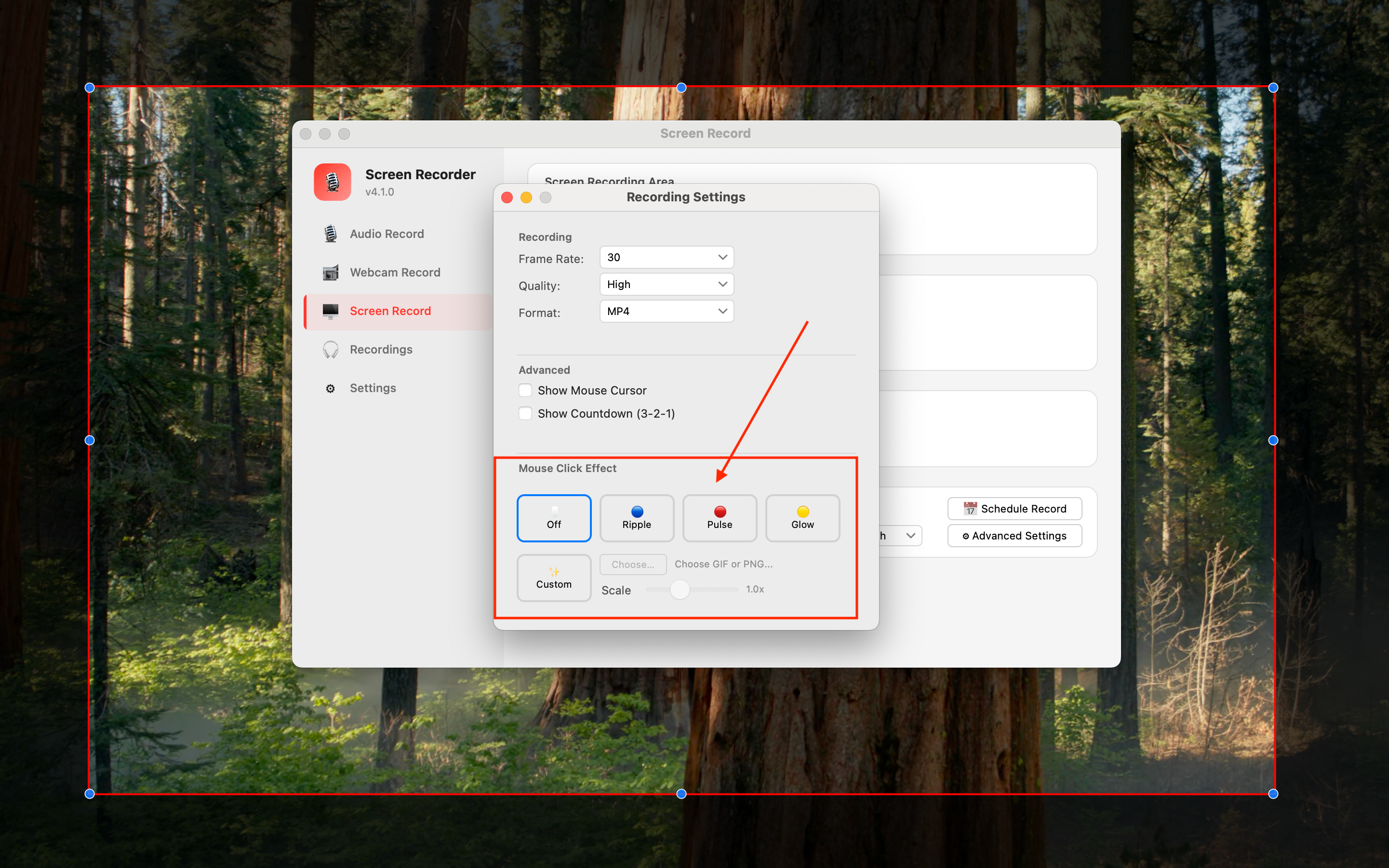 Mouse Click Effect settings — Off / Ripple / Pulse / Glow / Custom GIF options