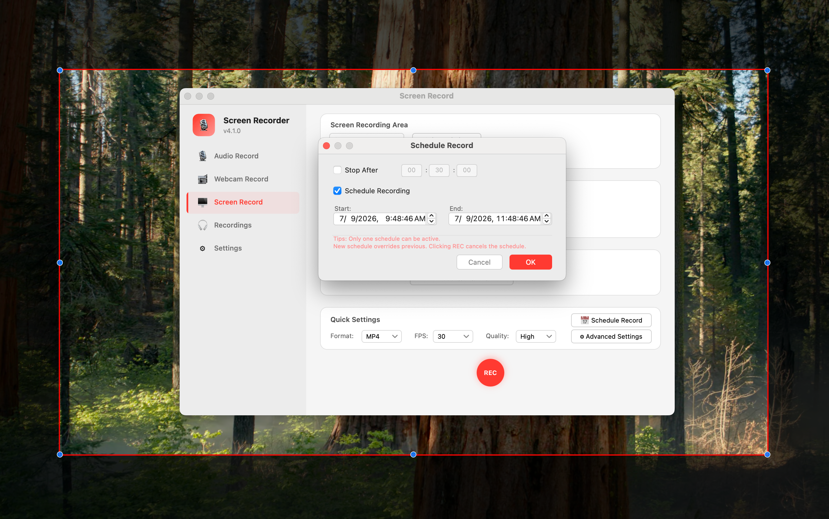 Schedule Recording dialog — start time, end time/duration fields
