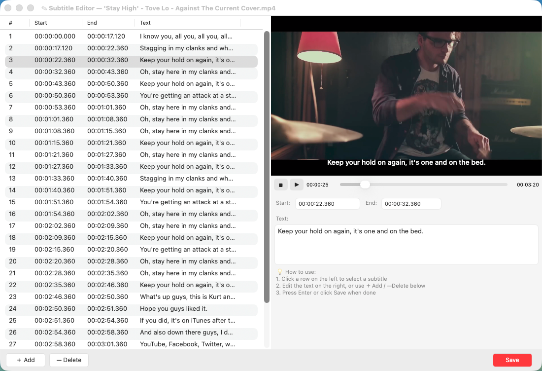 Subtitle editor — synced playback with inline editing panel
