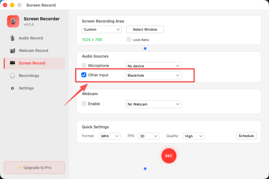 Select BlackHole as audio input in Yfli Screen Recorder settings