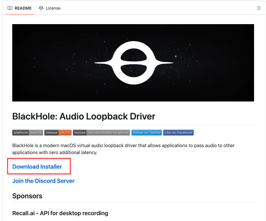 Download and install BlackHole virtual audio driver on macOS