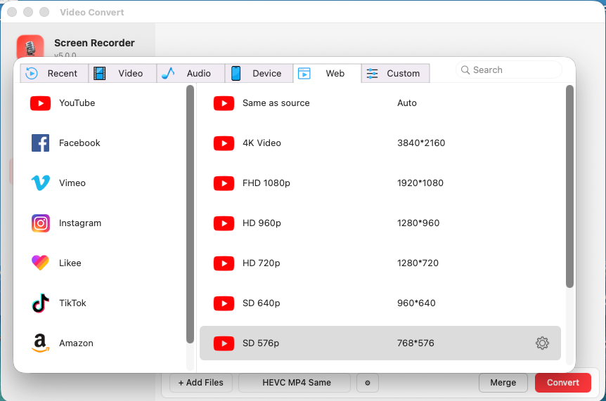 Audio format selection dropdown — 15+ formats including MP3, WAV, FLAC, AAC, M4A