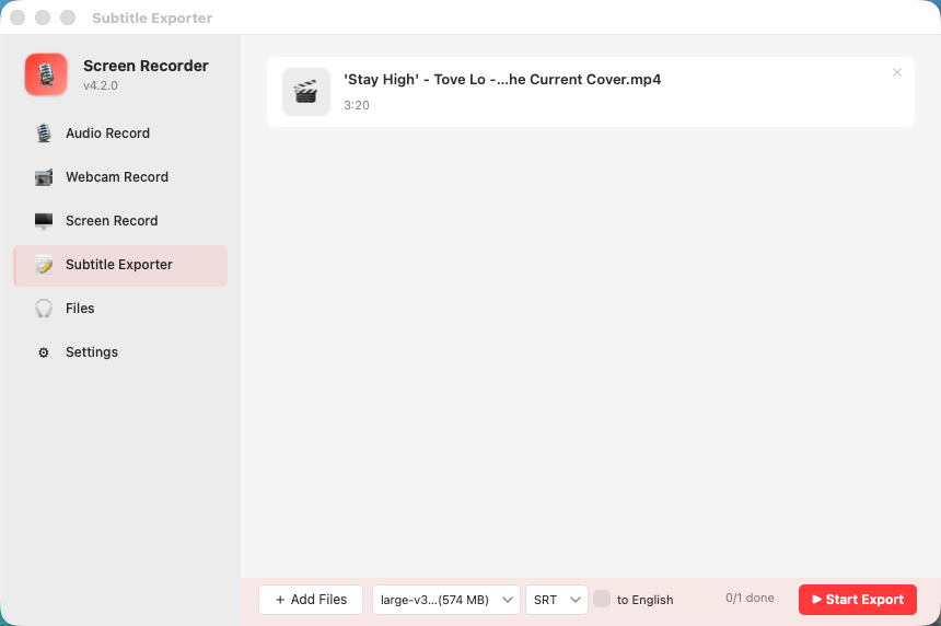 Subtitle Exporter — drag and drop a file, pick an AI model, and choose SRT as the output format