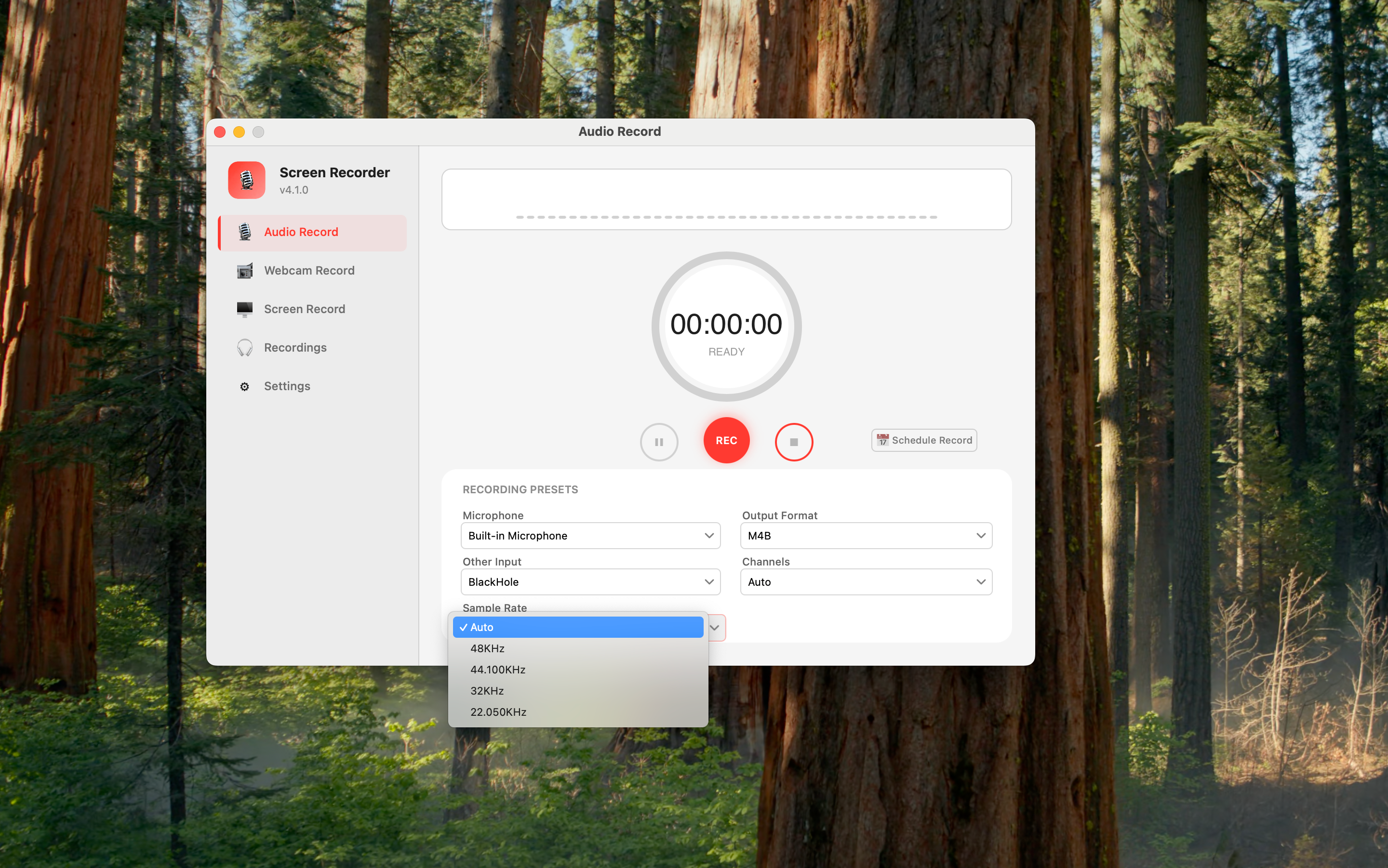 Audio settings — Sample Rate and Channels dropdowns