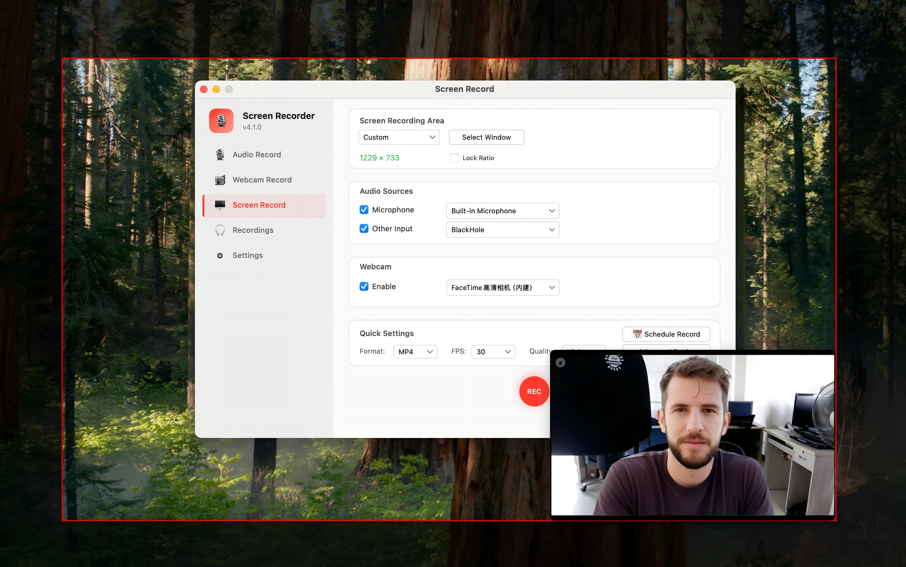 Webcam picture-in-picture in the corner of a recording