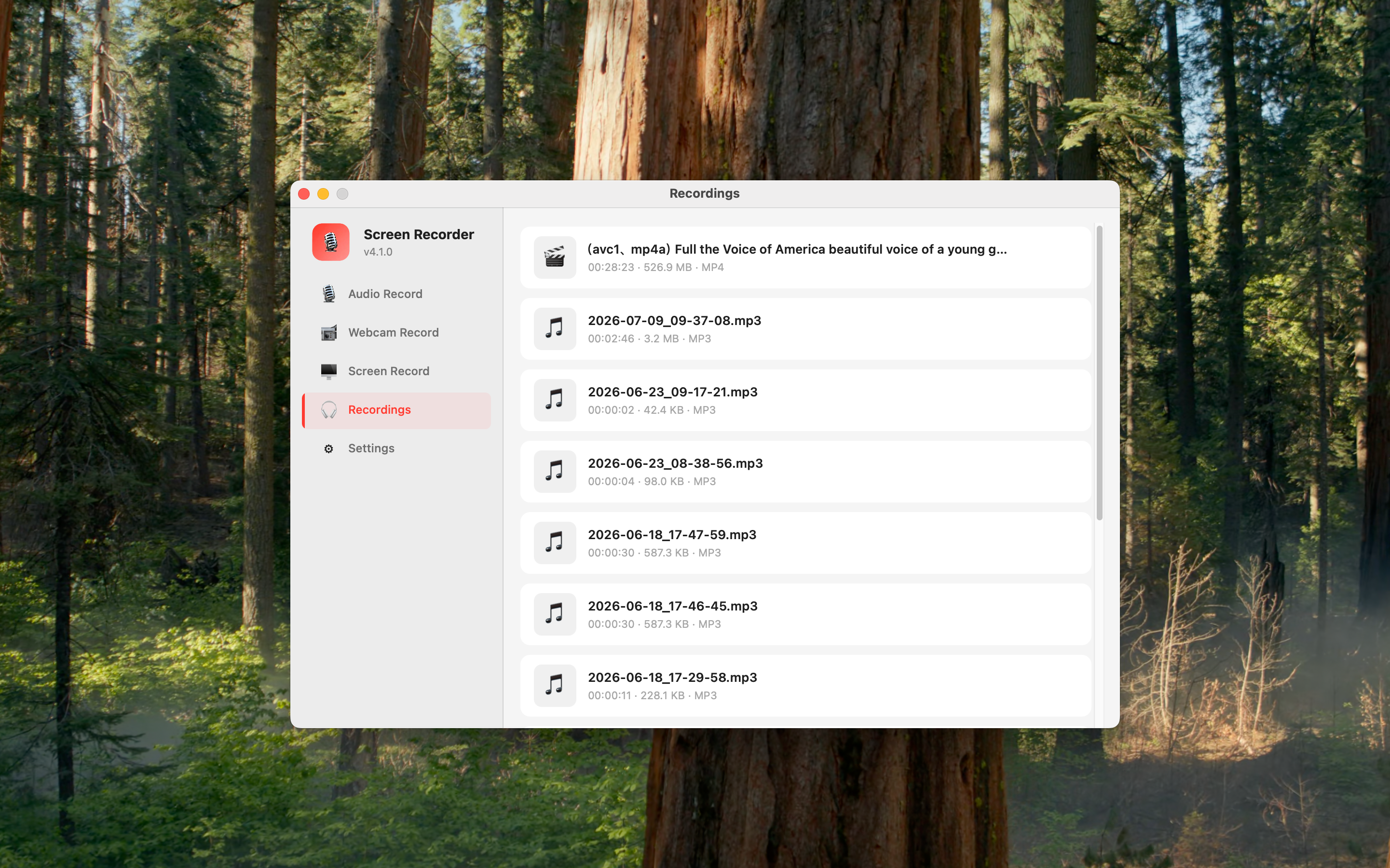 Recordings library — card view with playback