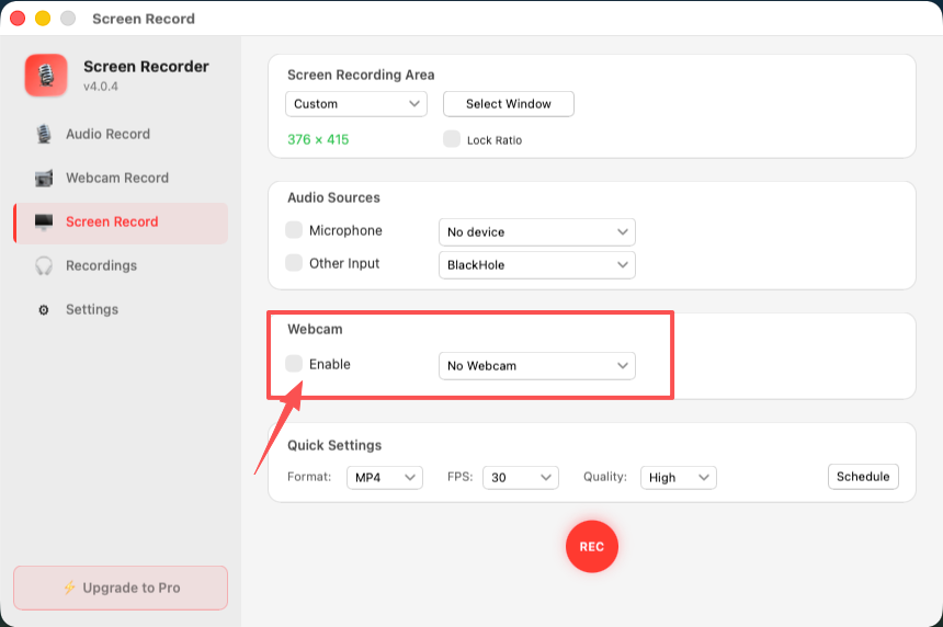 Enable webcam overlay in Yfli Screen Recorder settings