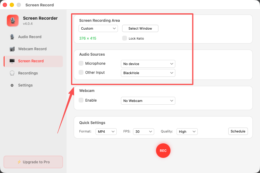Configure screen capture area and microphone settings