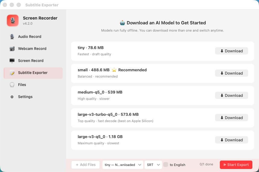 Subtitle Exporter tab in sidebar — first-time model download screen