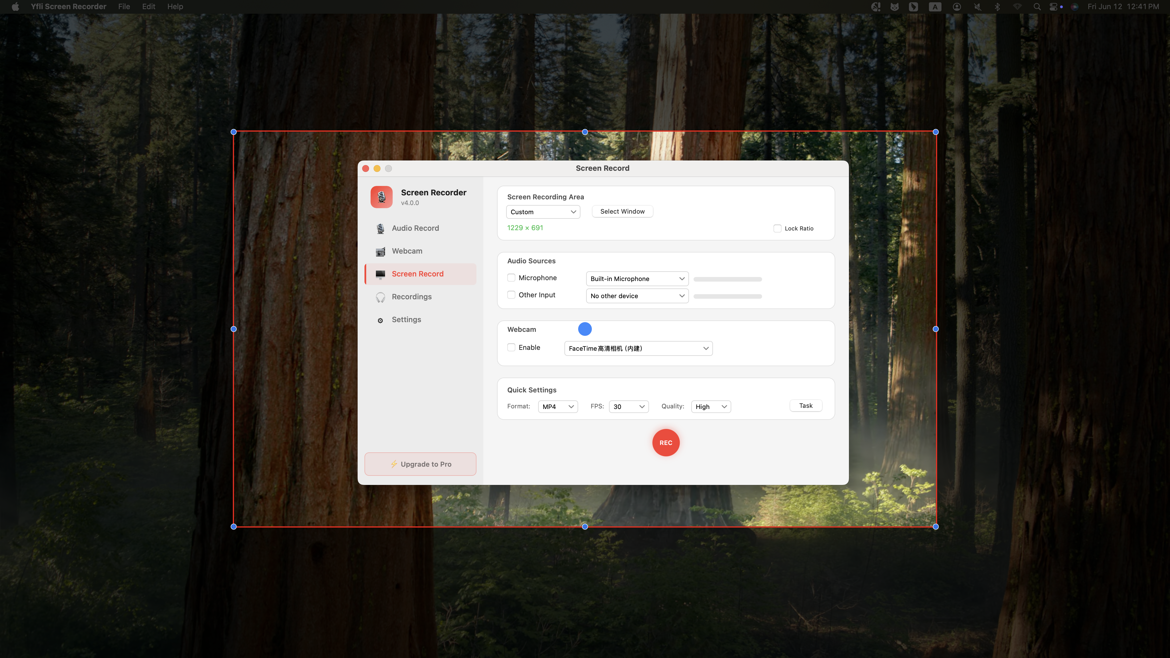 Recording settings — format selection and quality options